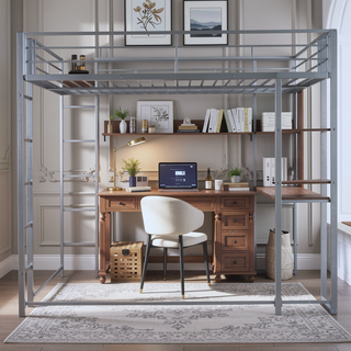 Sunvega Full Size Metal Loft Bed with Desk and 2 Shelves White