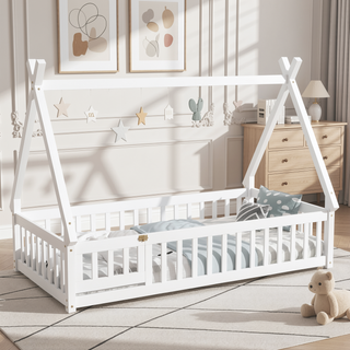 Sunvega Twin Tent Teepee Bed with Guardrails Slats and Door in Grey