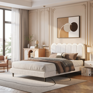 Sunvega Cream Petal Headboard Bed Frame with Atmosphere Light for Bedroom