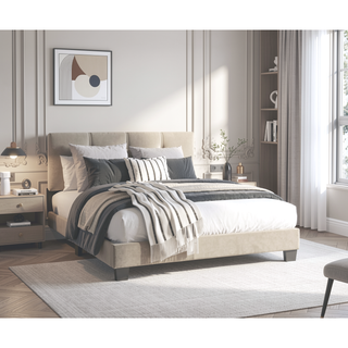 Sunvega Light Brown Velvet Upholstered Queen Platform Bed with Adjustable Height Headboard