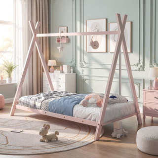 Sunvega Pink Twin Size Metal House Bed Frame with Slat Base for Kids