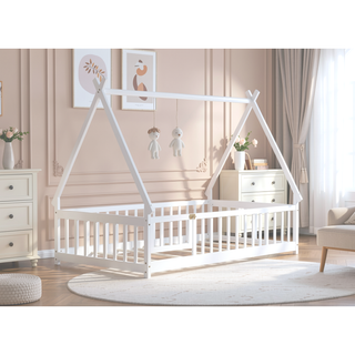 Sunvega Twin Tent Teepee Bed with Guardrails Slats and Door in Grey