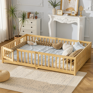 Sunvega Twin Size Floor Bed with Safety Guardrails and Door for Kids in Natural