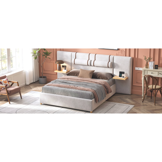 Sunvega Queen Size Upholstered Velvet Platform Bed with USB Charging Ports and Storage Shelves