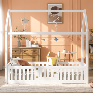Sunvega Twin Size Wood House Bed with Fence Door and Distressed Washed Design