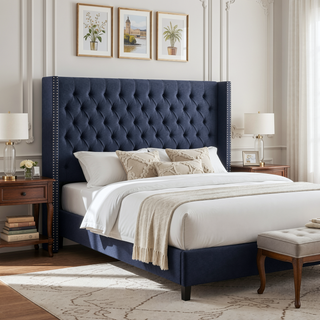Sunvega Grey Queen Upholstery Headboard with Button Tufted and Nailhead Decor