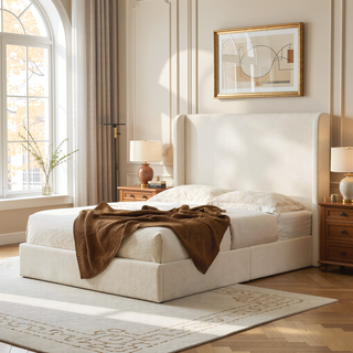Sunvega Minimalist Upholstered Wingback Bed Frame with 54 Inch Headboard in Textured Ivory Canvas Chenille