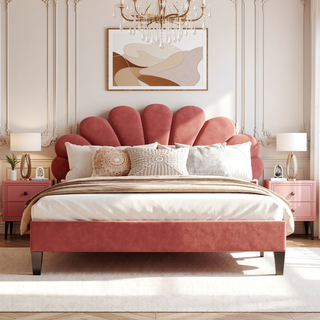 Sunvega Queen Size Upholstered Platform Bed with Flower Pattern Velvet Headboard