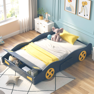 Sunvega Twin Size Race Car Bed with Wheels Storage and Sturdy Wood Construction