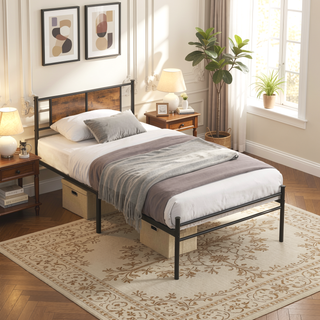 Sunvega Twin Size Metal Bed Frame with Wood Panel Headboard and Under Storage