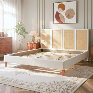Sunvega Upholstered Platform Bed with Rattan Panels and Ivory Fabric for Bedroom