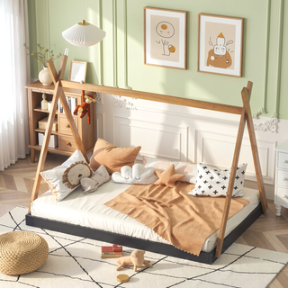 Sunvega Full Size House Platform Bed with Sturdy Triangle Structure and Safety Railings