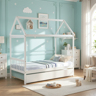 Sunvega Twin House Bed Frame with Trundle and Roof Made of Solid Pinewood