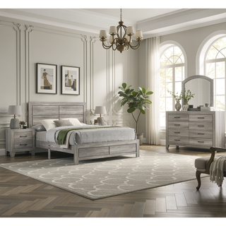 Sunvega Queen Size Platform Bed with Clean-lined Headboard in Gray Wood Grain Finish