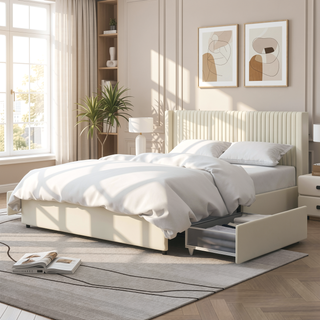 Sunvega Ivory Velvet Upholstered Wingback Queen Platform Bed with 2 Storage Drawers