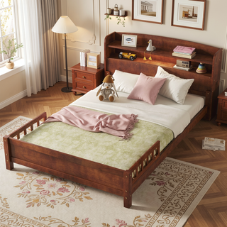 Sunvega Full Pine Wood Bed with Bookcase Headboard and LED Motion Sensor Light