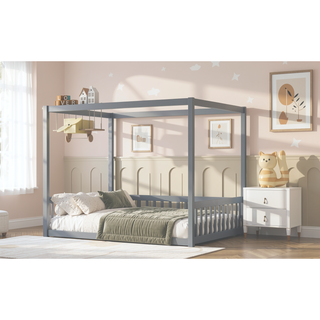 Sunvega Wooden Canopy Frame Floor Bed with Guardrails for Safety and Privacy