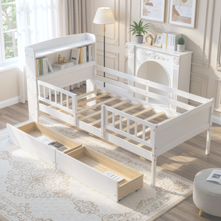 Sunvega White Twin Size Wood Platform Bed with LED Light Headboard and 2 Drawers