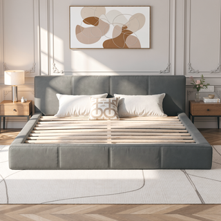 Sunvega Stylish Gray Upholstered King Bed with Faux Leather and Wood Frame