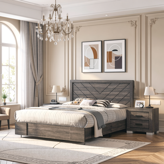 Sunvega Contemporary Grey Finish Queen Size Bed with Clean Lines Headboard