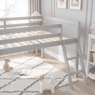 Sunvega White Full Size Low Loft Wood Bed with Convertible Left or Right Ladder