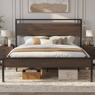 Sunvega Black Metal Bed with Walnut Wood Headboard and Footboard for Queen Size