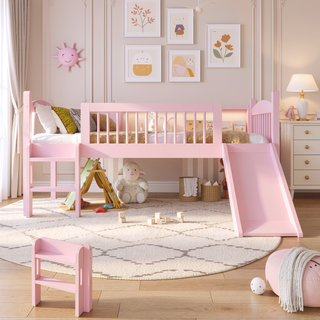 Sunvega Twin Loft Bed with Storage Shelves, LED Lights and Full Guardrails, Pink