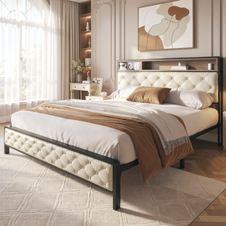 Sunvega Queen Size Bed Frame with Charging Station Storage Headboard and Footboard