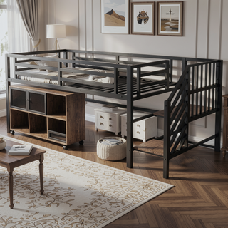 Sunvega Low Twin Metal Loft Bed with Stairs and 6 Rolling Storage Cubbies for Kids