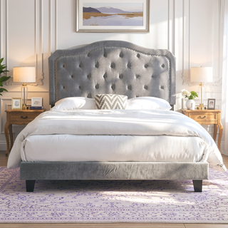 Sunvega Black Velvet Queen Upholstered Bed with Button Tufted Curve Design and LED Lights