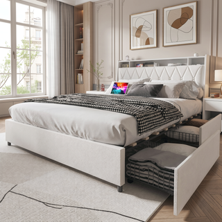 Sunvega Queen Bed Frame with Ergonomic Headboard Outlets Charger LED Light Storage