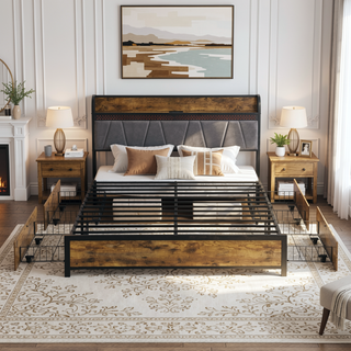 Sunvega Queen Bed Frame with Storage Headboard USB Outlets LED Lights and 4 Drawers
