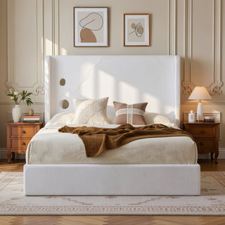 Sunvega Minimalist Upholstered Wingback Bed Frame with 54 Inch Headboard in Textured Ivory Canvas Chenille