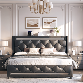 Sunvega Queen Size Bed Frame with Headboard LED Lights Charging Station Storage