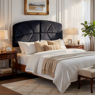 Sunvega Glam Queen Headboard with Gold Steel Frame and Black Velvet Upholstery