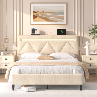 Sunvega Full Bed Frame with Headboard Upholstered Platform Charging Station LED Lights