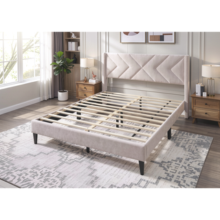 Sunvega Modern Light Pink Velvet Upholstered Queen Size Bed with Clean Lines Headboard