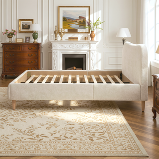 Sunvega King Upholstered Platform Bed with Curved Headboard in Oatmeal Chenille