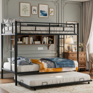 Sunvega Twin over Twin Bunk Bed with Trundle in White for Small Spaces
