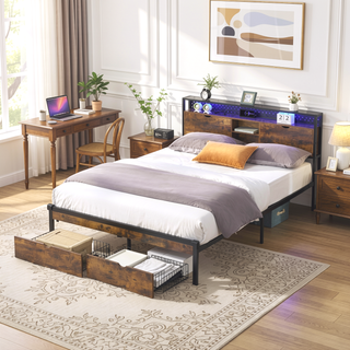 Sunvega Queen Size Metal Platform Bed Frame with Wooden Headboard and Footboard with USB Charging Station and 2 Drawers