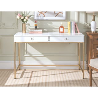Sunvega Modern White High Gloss and Gold Writing Desk with 2 Drawers