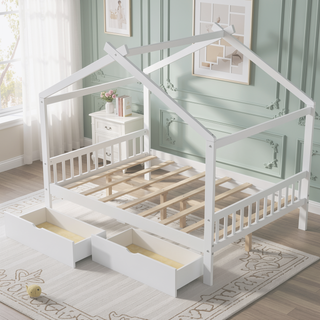 Sunvega Natural Wood Full Size House Platform Bed with Two Storage Drawers