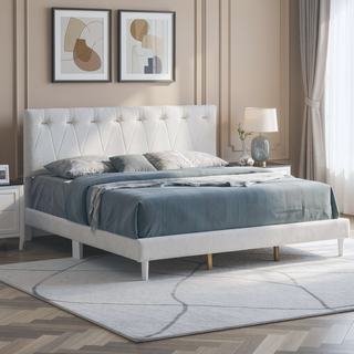 Sunvega Soft Teddy Bear Wheat Color Fabric Upholstered Queen Platform Bed