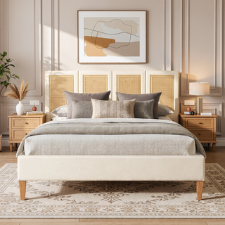Sunvega Upholstered Platform Bed with Rattan Panels and Ivory Fabric for Bedroom