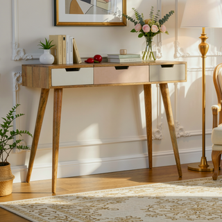 Sunvega Solid Mango Wood Dressing Table with 3 Gradient Pink and Beige Drawers