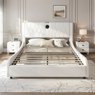 Sunvega Queen Size Faux Leather Platform Bed with RGB LED Lights Bluetooth Speakers