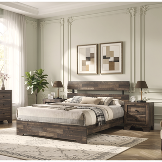 Sunvega Rustic Queen Platform Bed Slat Headboard with Brown Finish Wood Veneers