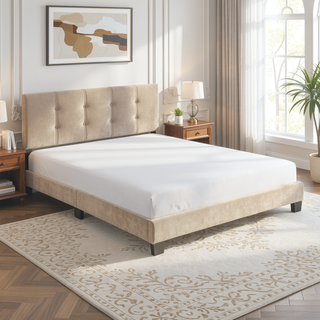 Sunvega Light Brown Velvet Upholstered Queen Platform Bed with Adjustable Height Headboard