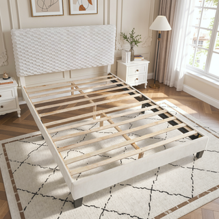 Sunvega Plush 3D Upholstered Platform Bed in White Dove with Height Adjustable Headboard