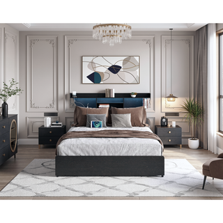 Sunvega Queen Storage Bed Frame with Headboard Charging Station and 4 Drawers